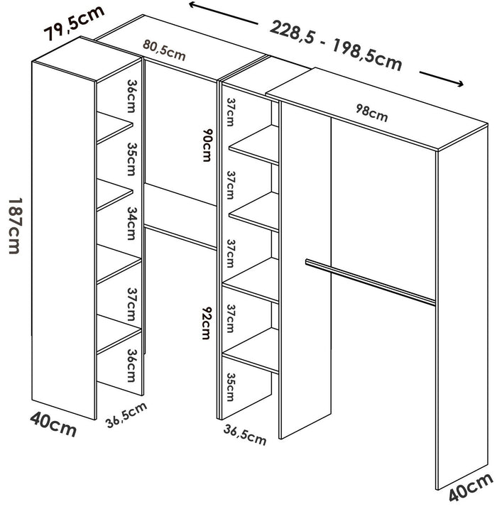 Guardaroba Dmagrin, Struttura per cabina armadio angolare, Mobile appendiabiti aperto ad angolo, 228x79h187 cm, Bianco