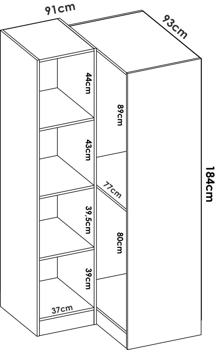 Guardaroba Dcipo, Mobile angolare per camera da letto, Armadio appendiabiti ad angolo a 2 ante battenti, 91x93h184 cm, Bianco