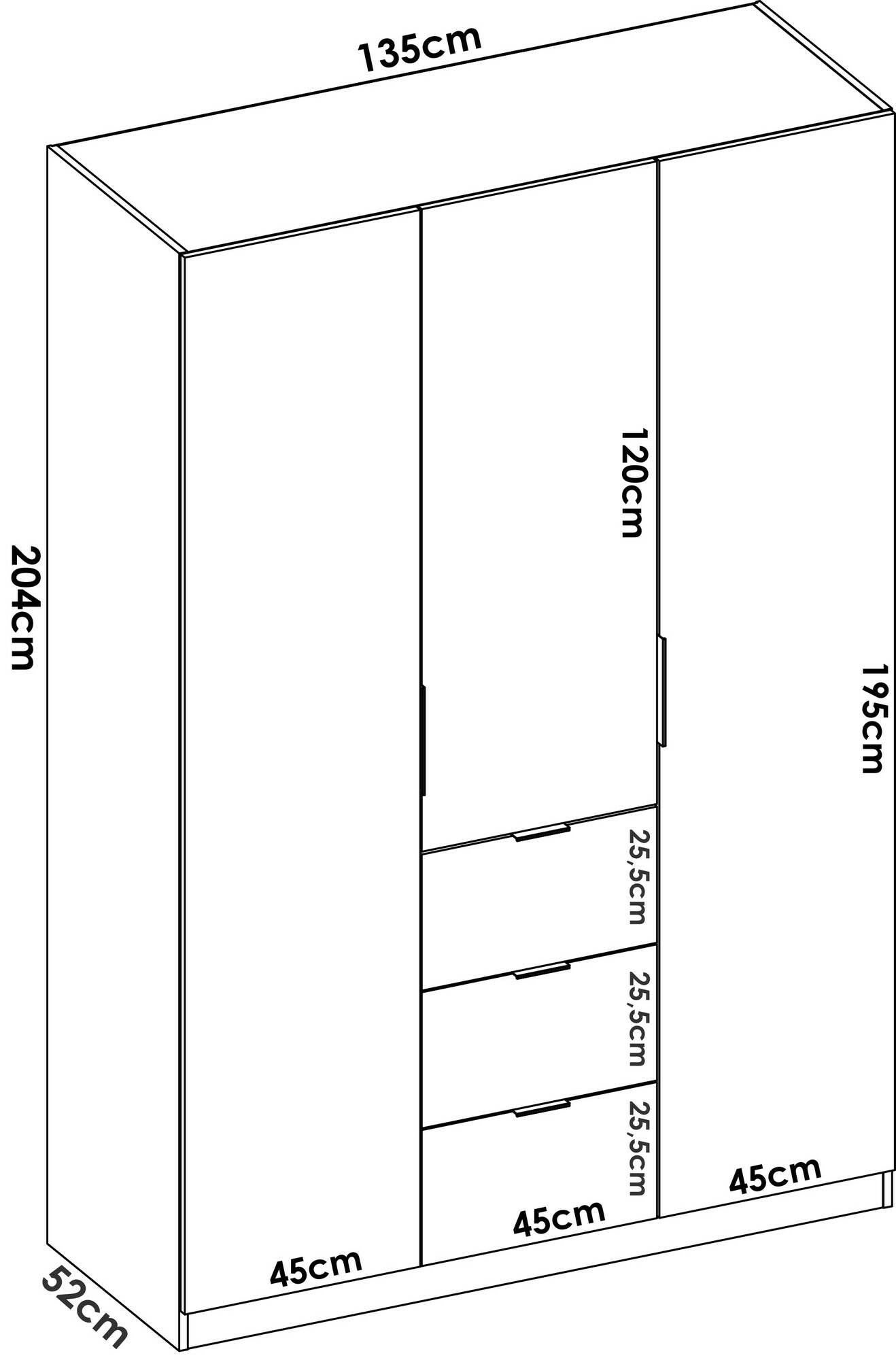 Guardaroba Dcurt, Mobile appendiabiti per camera da letto, Armadio a 3 ante battenti e 3 cassetti, 135x52h204 cm, Bianco