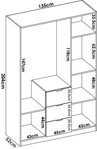 Guardaroba Dcurt, Mobile appendiabiti per camera da letto, Armadio a 3 ante battenti e 3 cassetti, 135x52h204 cm, Bianco