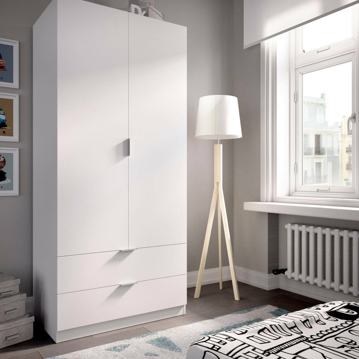 Guardaroba Dlunin, Mobile appendiabiti per camera da letto, Armadio a 2 ante battenti e 2 cassetti, 81x52h184 cm, Bianco