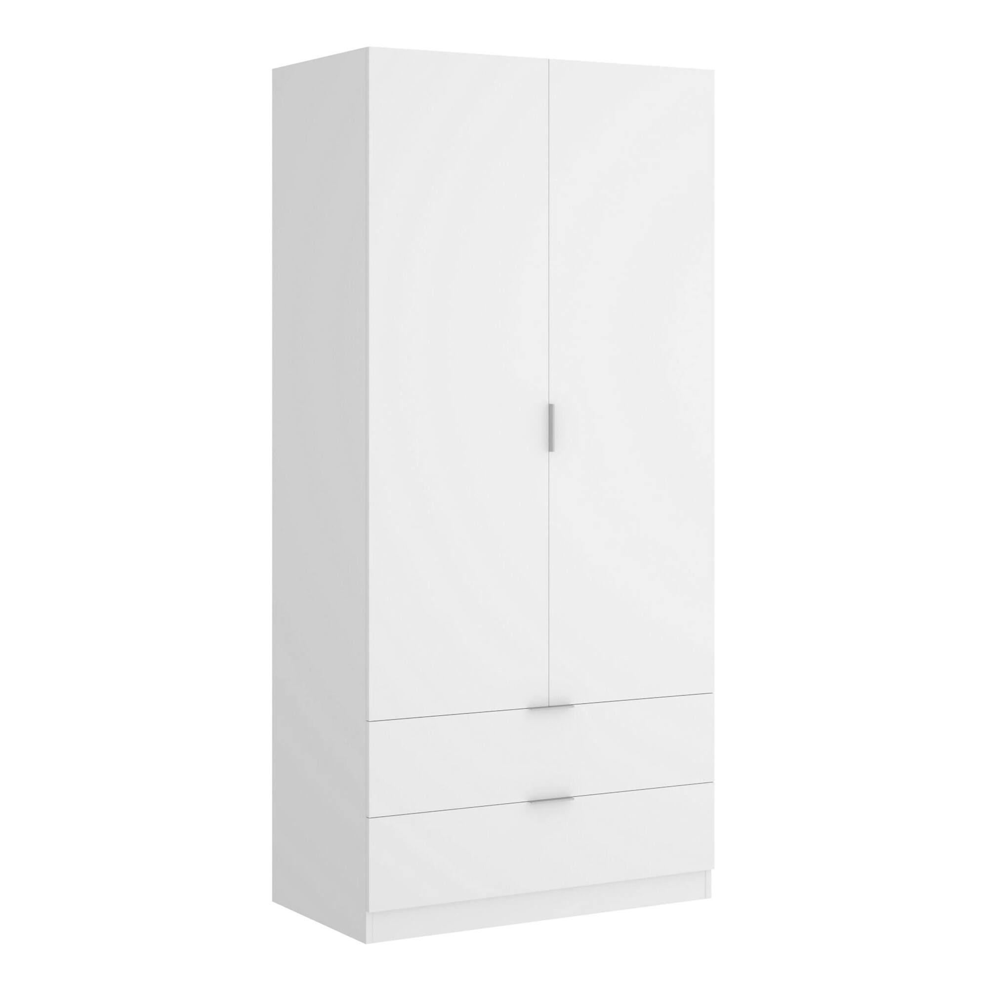 Guardaroba Dlunin, Mobile appendiabiti per camera da letto, Armadio a 2 ante battenti e 2 cassetti, 81x52h184 cm, Bianco