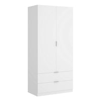 Guardaroba Dlunin, Mobile appendiabiti per camera da letto, Armadio a 2 ante battenti e 2 cassetti, 81x52h184 cm, Bianco