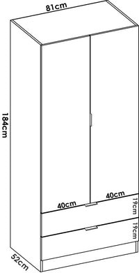 Guardaroba Dlunin, Mobile appendiabiti per camera da letto, Armadio a 2 ante battenti e 2 cassetti, 81x52h184 cm, Bianco