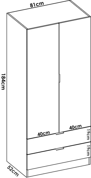 Guardaroba Dlunin, Mobile appendiabiti per camera da letto, Armadio a 2 ante battenti e 2 cassetti, 81x52h184 cm, Bianco