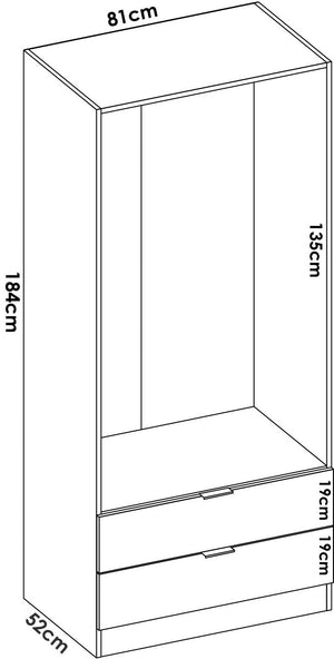 Guardaroba Dlunin, Mobile appendiabiti per camera da letto, Armadio a 2 ante battenti e 2 cassetti, 81x52h184 cm, Bianco