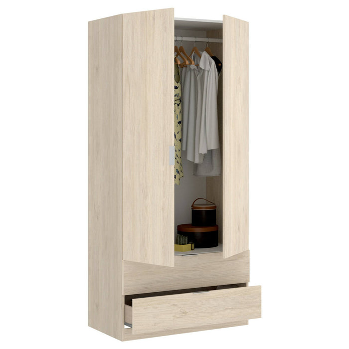 Guardaroba Dlunin, Mobile appendiabiti per camera da letto, Armadio a 2 ante battenti e 2 cassetti, 81x52h184 cm, Rovere