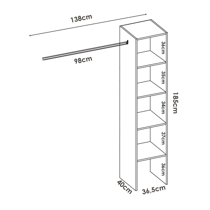 Guardaroba Dmaffe, Struttura per cabina armadio, Mobile appendiabiti aperto, 138x40h186 cm, Rovere Nodi