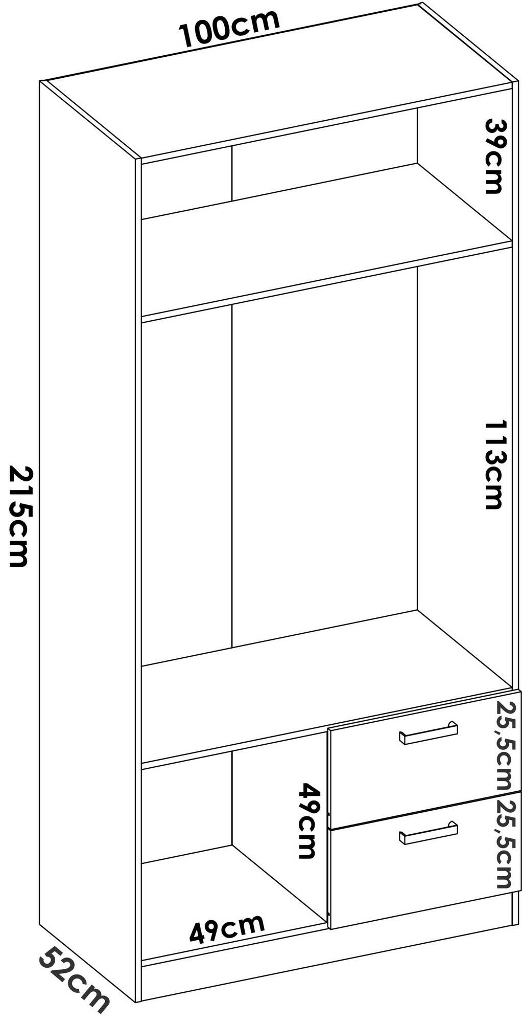 Guardaroba Dmotta, Mobile appendiabiti per camera da letto, Armadio a 2 ante battenti e 2 cassetti, 100x52h215 cm, Bianco