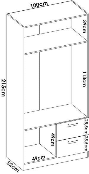 Guardaroba Dmotta, Mobile appendiabiti per camera da letto, Armadio a 2 ante battenti e 2 cassetti, 100x52h215 cm, Bianco