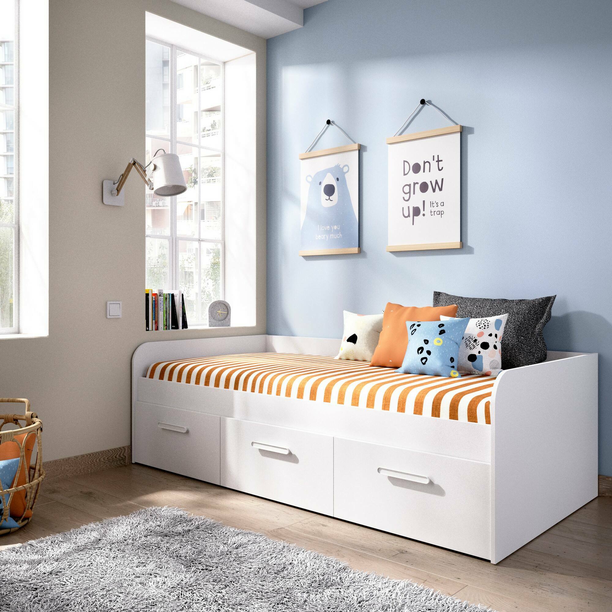 Letto per bambini Daabou, Lettino contenitore per cameretta, Struttura per letto singolo con 3 cassettoni, 194x97h60 cm, Bianco