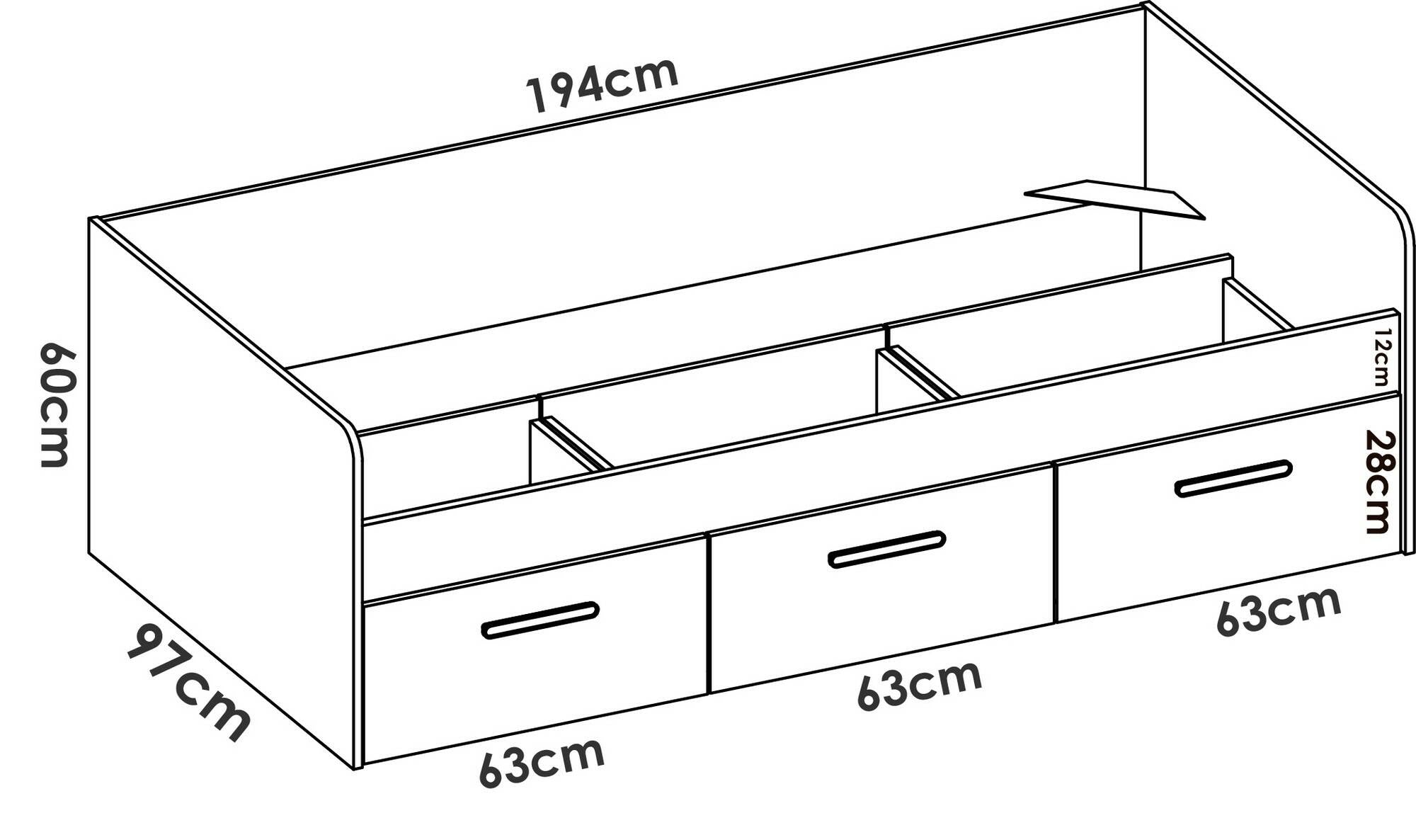 Letto per bambini Daabou, Lettino contenitore per cameretta, Struttura per letto singolo con 3 cassettoni, 194x97h60 cm, Bianco