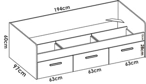 Letto per bambini Daabou, Lettino contenitore per cameretta, Struttura per letto singolo con 3 cassettoni, 194x97h60 cm, Bianco