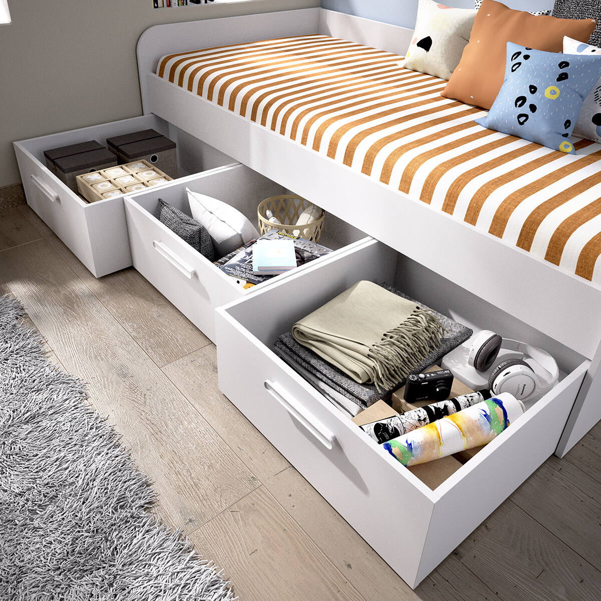 Letto per bambini Daabou, Lettino contenitore per cameretta, Struttura per letto singolo con 3 cassettoni, 194x97h60 cm, Bianco