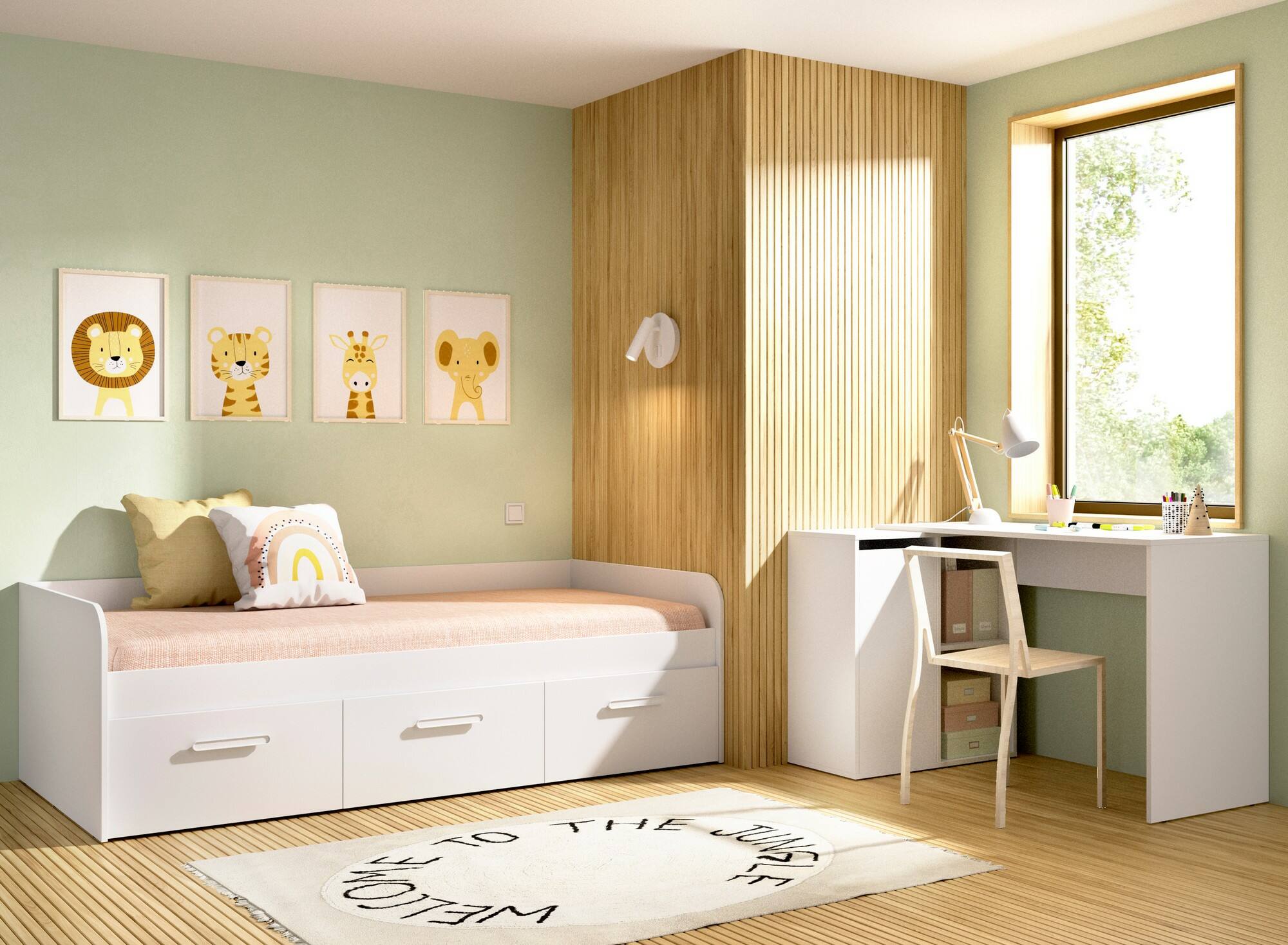 Letto per bambini Daabou, Lettino contenitore per cameretta, Struttura per letto singolo con 3 cassettoni, 194x97h60 cm, Bianco