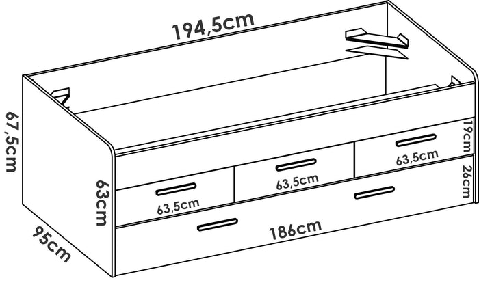 Letto per bambini Daaron, Struttura con secondo lettino estraibile, Letto singolo per cameretta con 3 cassettoni, 194x95h68 cm, Bianco