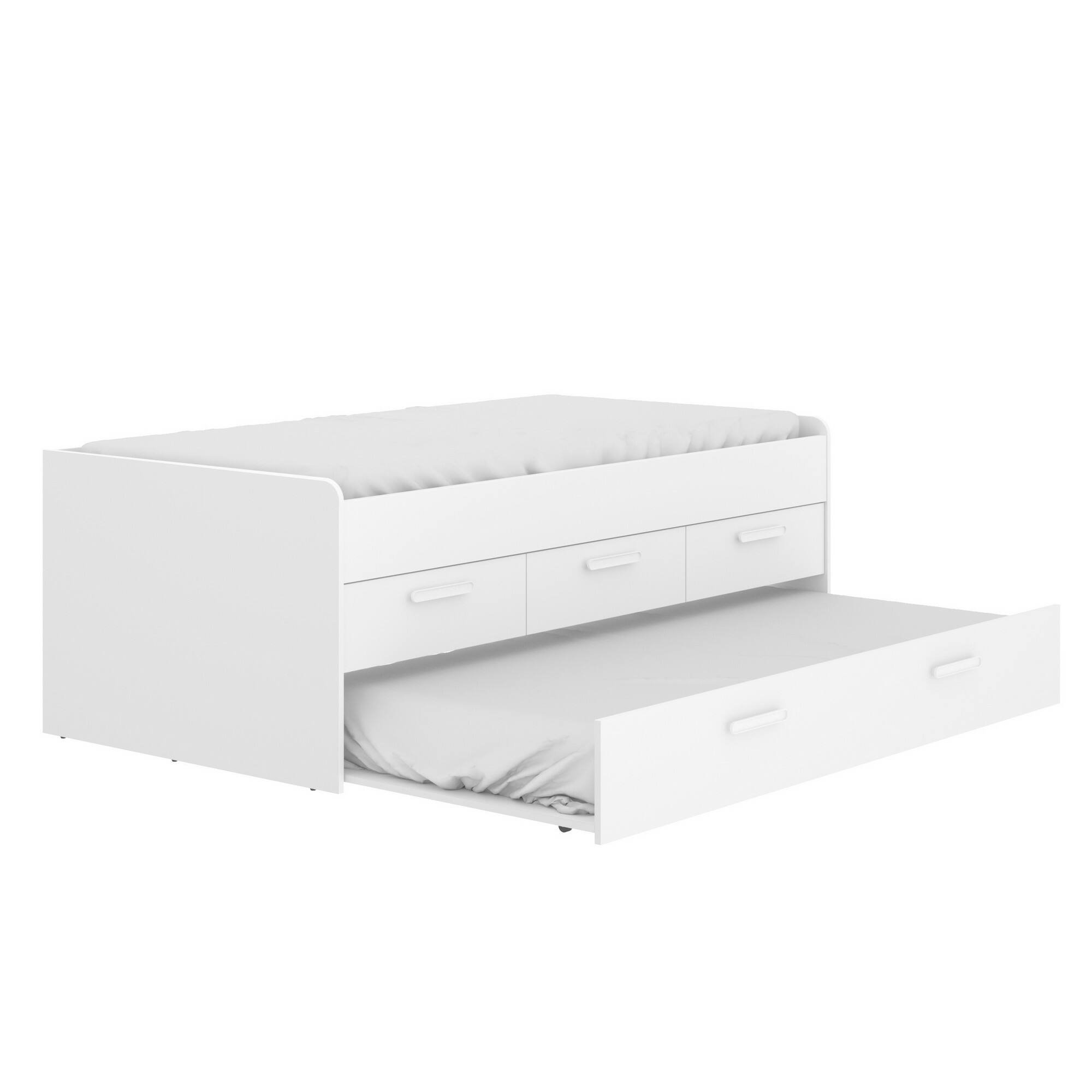 Letto per bambini Daaron, Struttura con secondo lettino estraibile, Letto singolo per cameretta con 3 cassettoni, 194x95h68 cm, Bianco