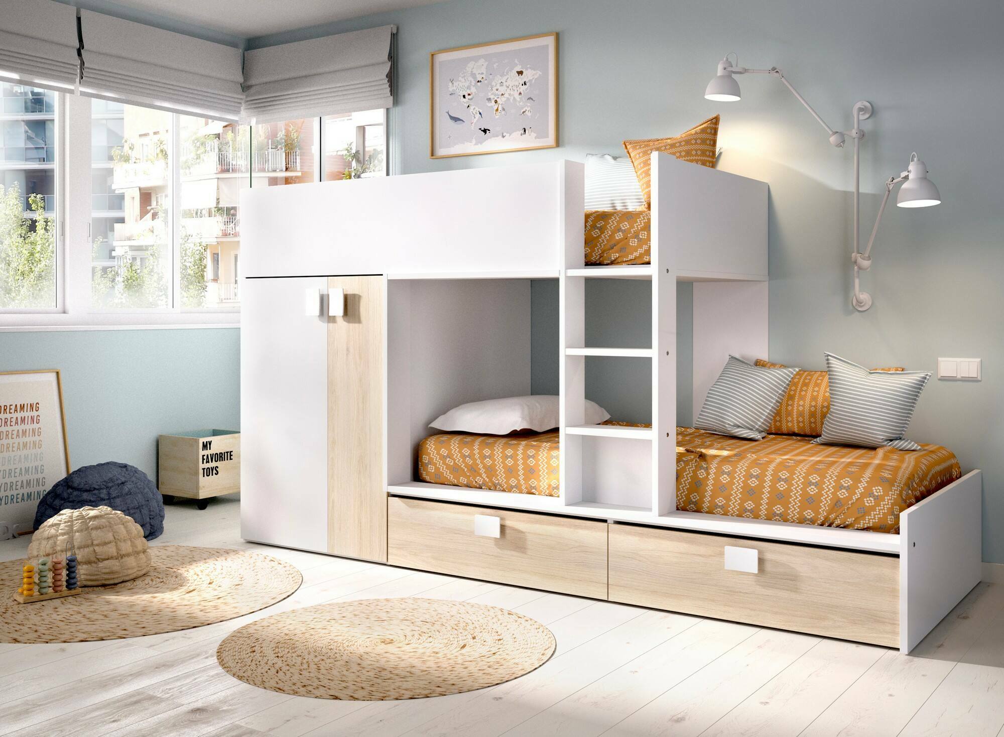 Letto per bambini Dannon, Cameretta completa con armadio e cassetti, Composizione letto a castello con due lettini singoli, 275x108h150 cm, Bianco e Rovere