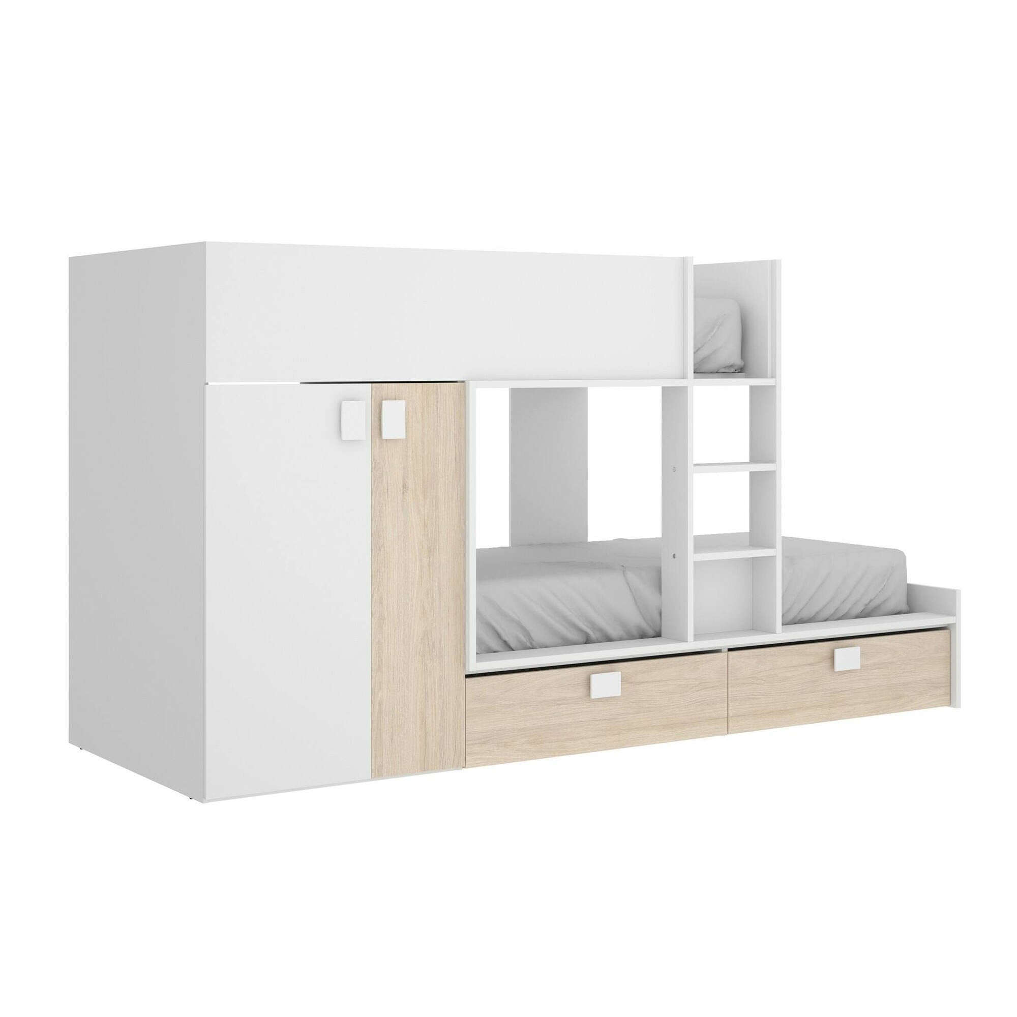 Letto per bambini Dannon, Cameretta completa con armadio e cassetti, Composizione letto a castello con due lettini singoli, 275x108h150 cm, Bianco e Rovere