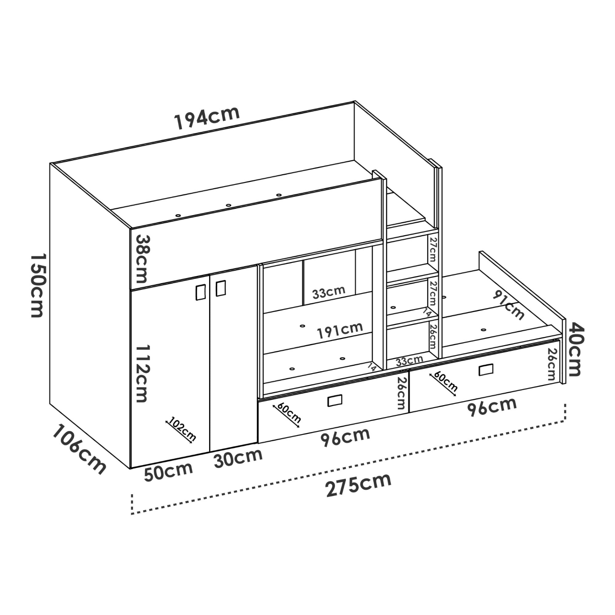 Letto per bambini Dannon, Cameretta completa con armadio e cassetti, Composizione letto a castello con due lettini singoli, 275x108h150 cm, Bianco e Rovere