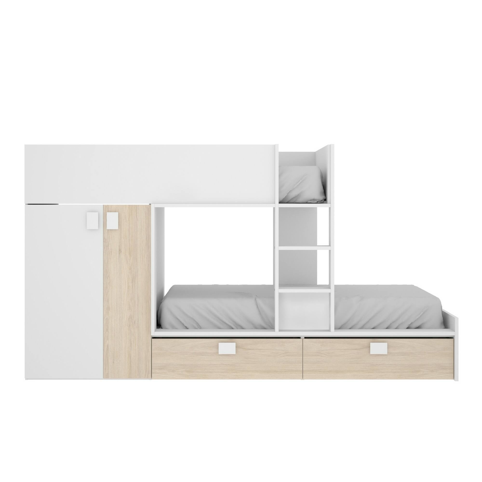 Letto per bambini Dannon, Cameretta completa con armadio e cassetti, Composizione letto a castello con due lettini singoli, 275x108h150 cm, Bianco e Rovere