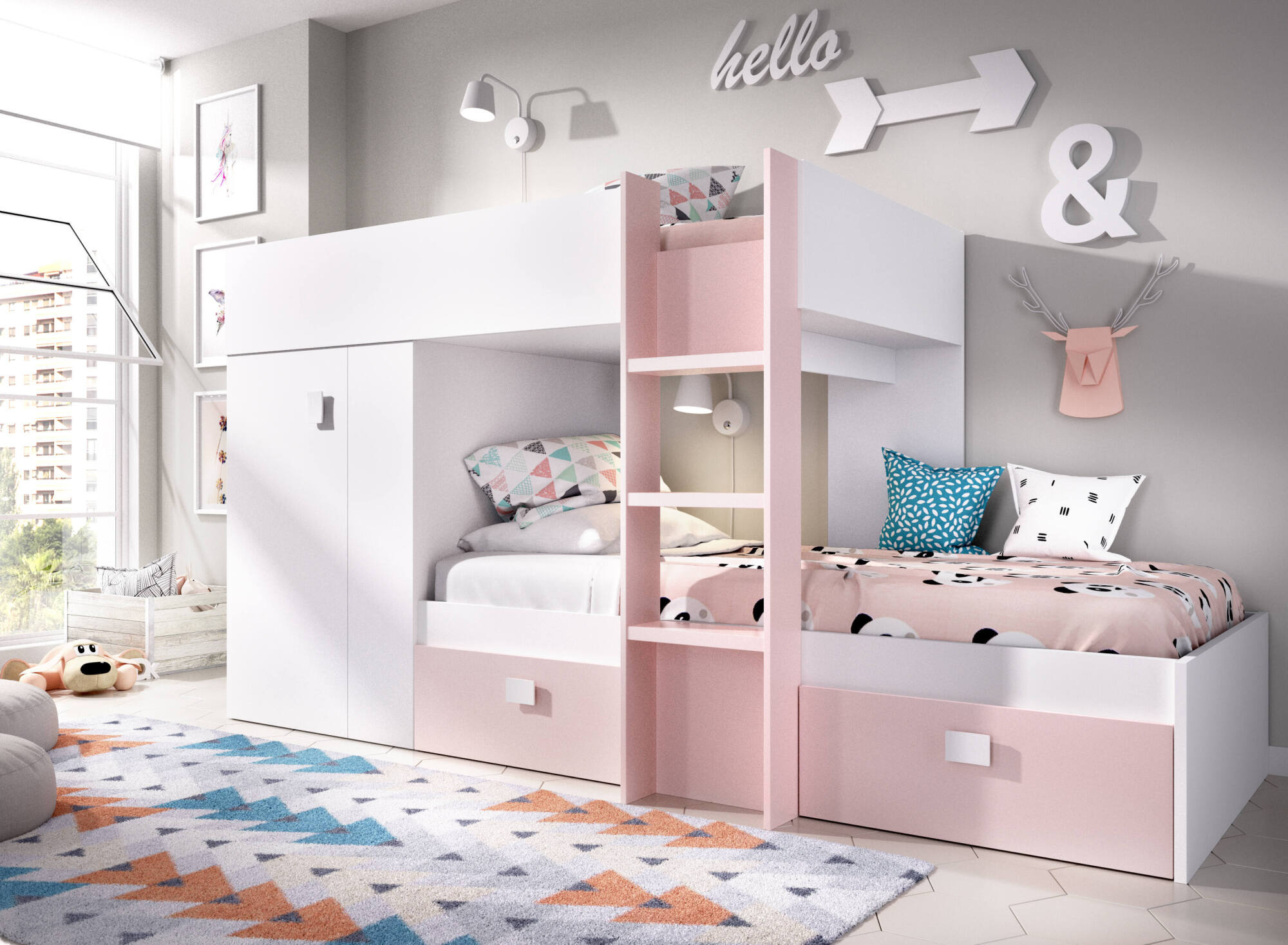 Letto per bambini Dbajram, Cameretta completa con armadio e cassetti, Composizione letto a castello con due lettini singoli, 271x111h150 cm, Bianco e Rosa