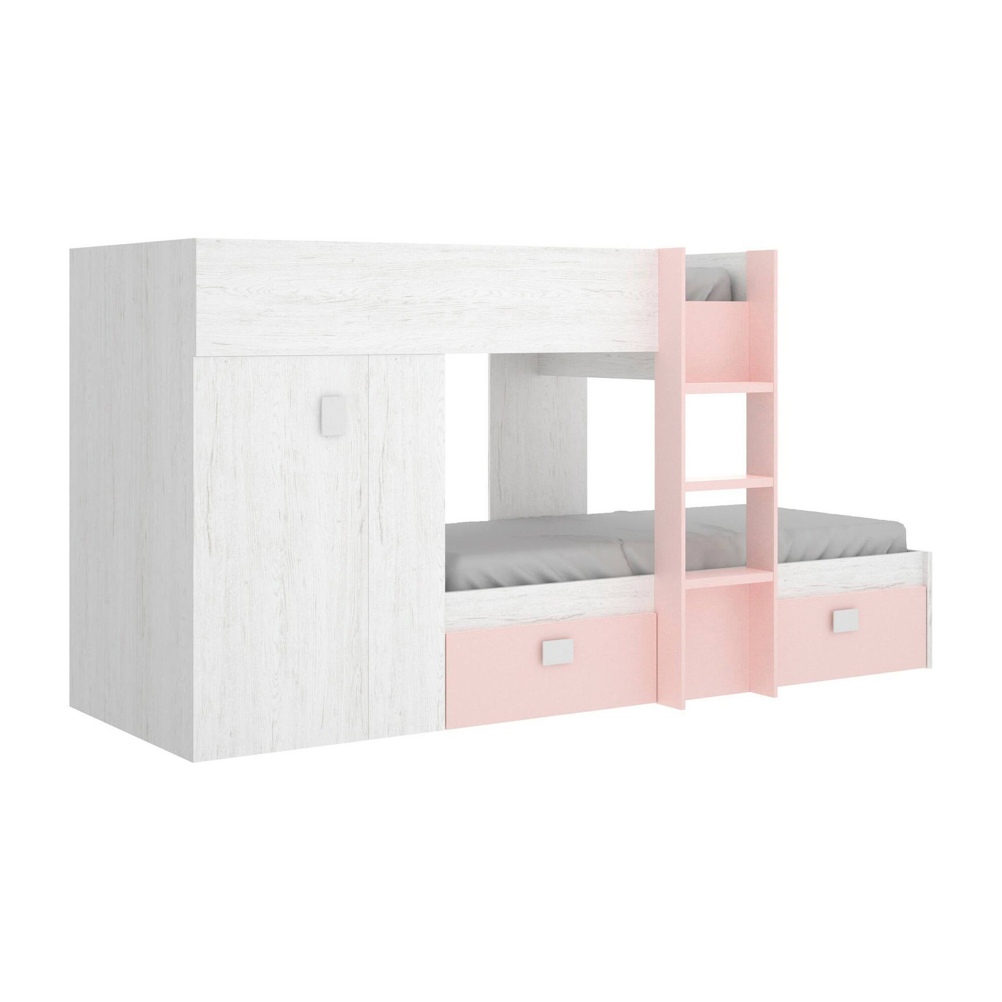 Letto per bambini Dbajram, Cameretta completa con armadio e cassetti, Composizione letto a castello con due lettini singoli, 271x111h150 cm, Bianco e Rosa