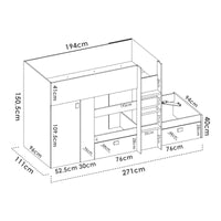 Letto per bambini Dbajram, Cameretta completa con armadio e cassetti, Composizione letto a castello con due lettini singoli, 271x111h150 cm, Bianco e Rovere