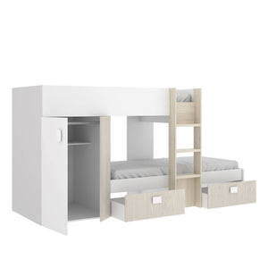 Letto per bambini Dbajram, Cameretta completa con armadio e cassetti, Composizione letto a castello con due lettini singoli, 271x111h150 cm, Bianco e Rovere