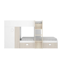 Letto per bambini Dbajram, Cameretta completa con armadio e cassetti, Composizione letto a castello con due lettini singoli, 271x111h150 cm, Bianco e Rovere