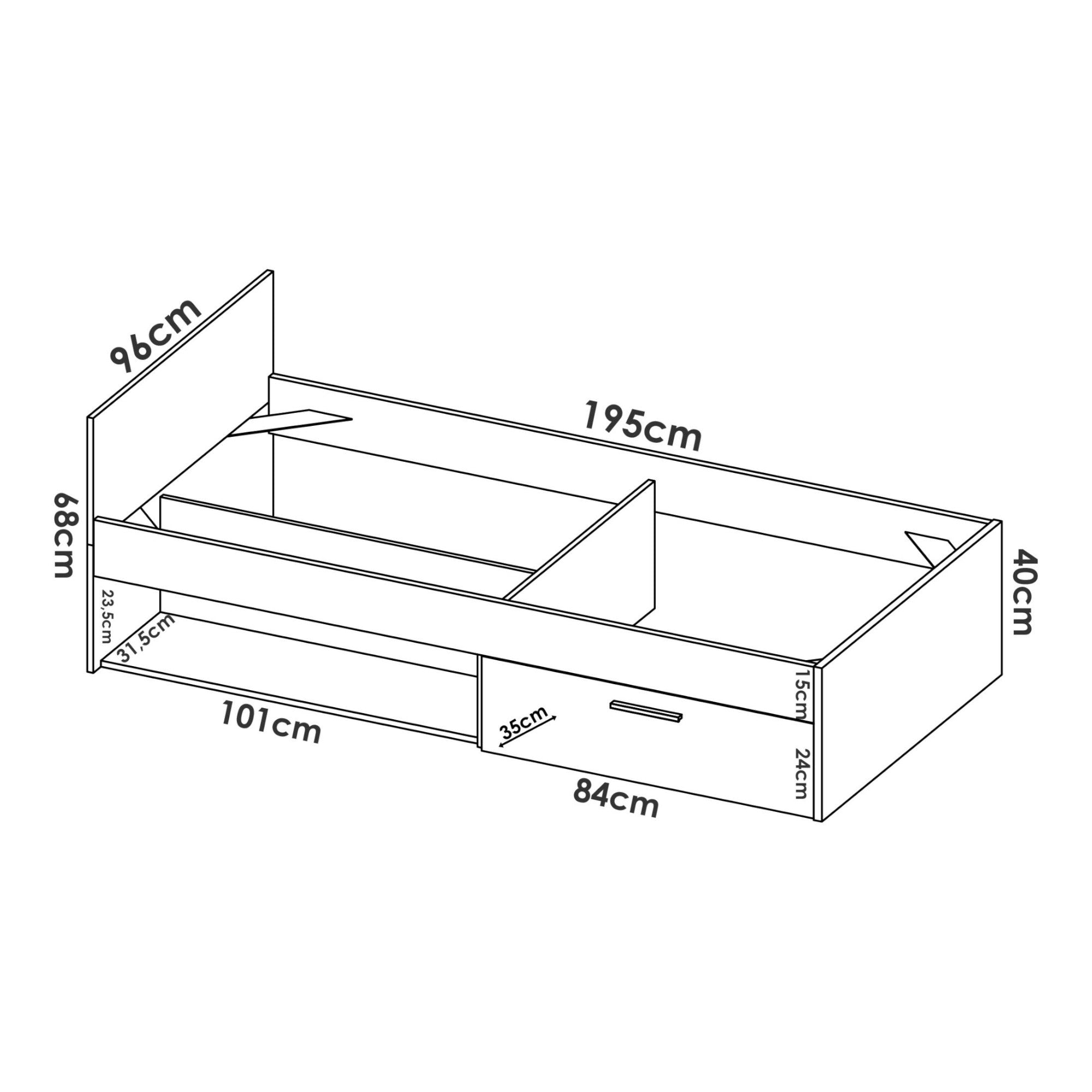 Letto per bambini Dboulta, Lettino contenitore per cameretta, Struttura per letto singolo con 1 cassettone, 197x97h67 cm, Bianco