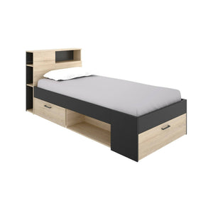 Letto per bambini Dbraza, Lettino per cameretta con testiera, Struttura per letto singolo con cassetto e scaffali, 218x99h96 cm, Rovere e Antracite