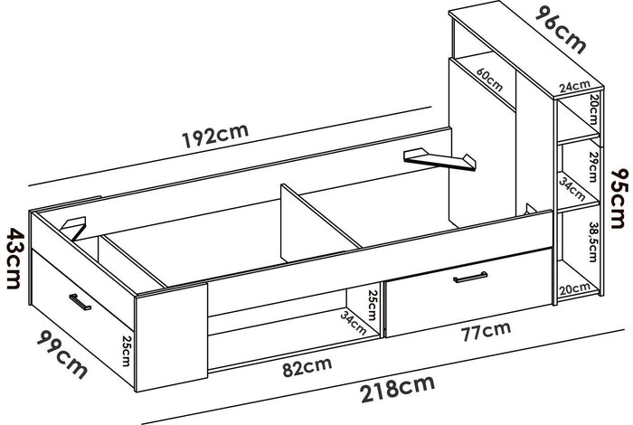 Letto per bambini Dbraza, Lettino per cameretta con testiera, Struttura per letto singolo con cassetto e scaffali, 218x99h96 cm, Rovere e Antracite