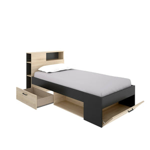 Letto per bambini Dbraza, Lettino per cameretta con testiera, Struttura per letto singolo con cassetto e scaffali, 218x99h96 cm, Rovere e Antracite