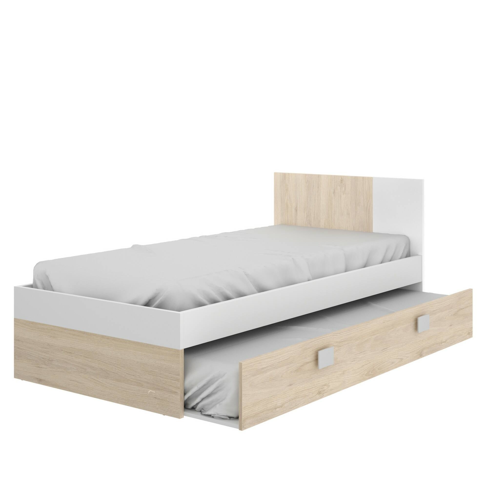 Letto per bambini Dcernoi, Struttura con secondo lettino estraibile, Letto singolo per cameretta, 196x97h79 cm, Bianco e Rovere