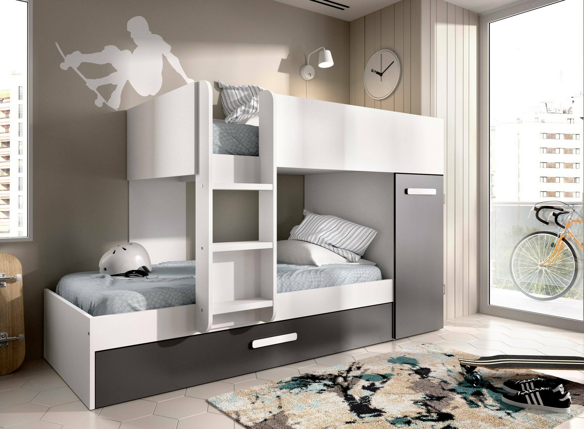 Letto per bambini Dcierv, Cameretta completa con armadio e cassetto, Composizione letto a castello con due lettini singoli, 244x112h150 cm, Bianco e Antracite