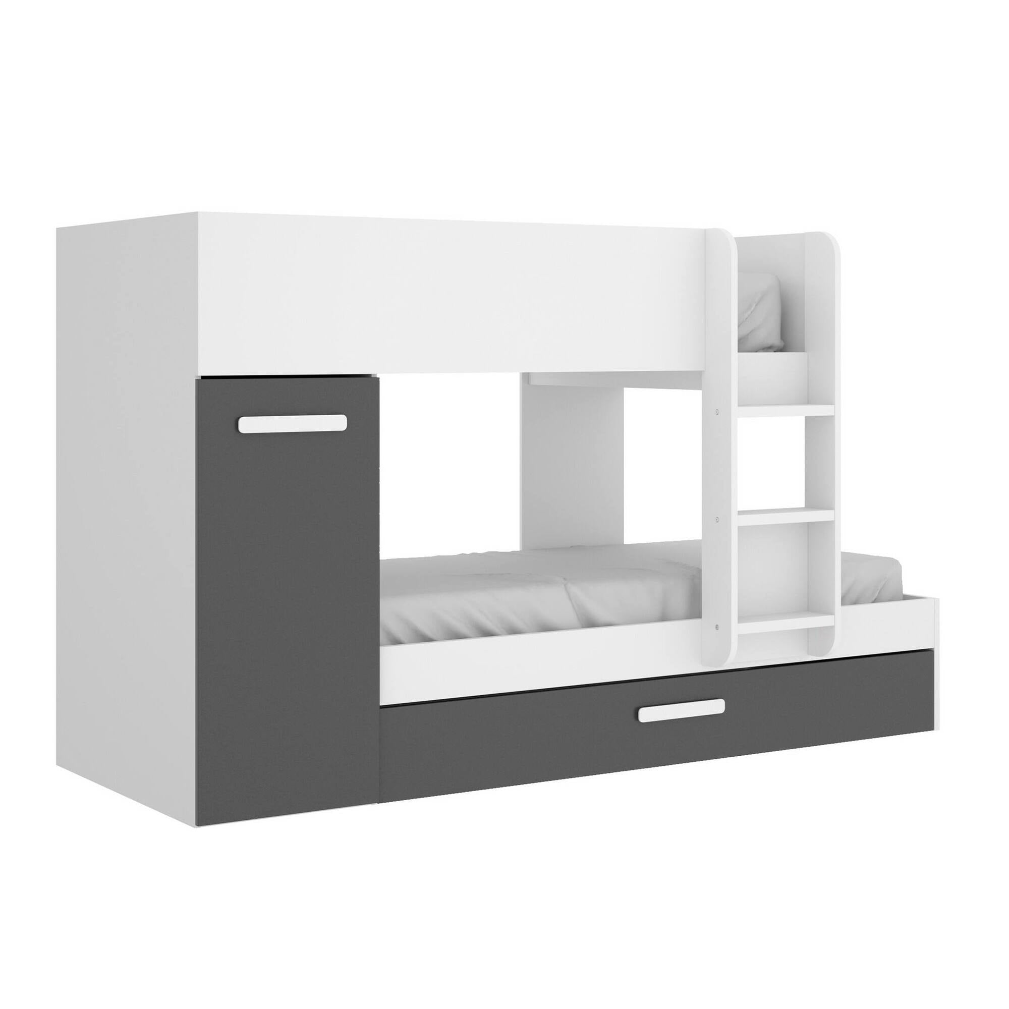 Letto per bambini Dcierv, Cameretta completa con armadio e cassetto, Composizione letto a castello con due lettini singoli, 244x112h150 cm, Bianco e Antracite