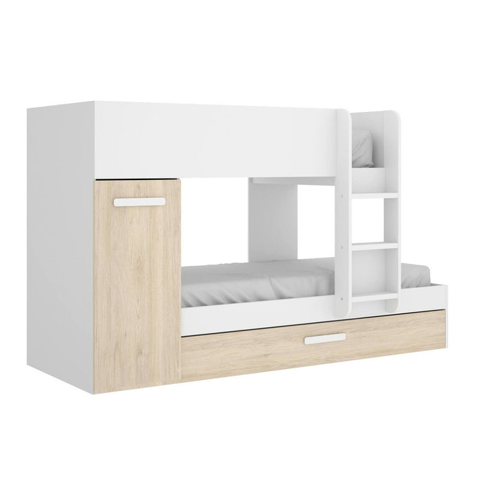 Letto per bambini Dcierv, Cameretta completa con armadio e cassetto, Composizione letto a castello con due lettini singoli, 244x112h150 cm, Rovere e Bianco