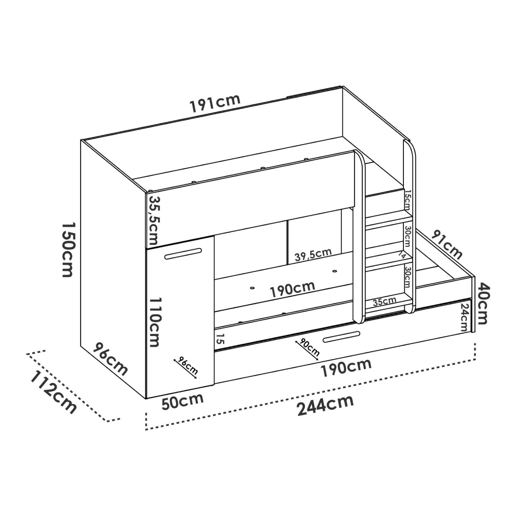 Letto per bambini Dcierv, Cameretta completa con armadio e cassetto, Composizione letto a castello con due lettini singoli, 244x112h150 cm, Rovere e Bianco