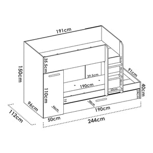 Letto per bambini Dcierv, Cameretta completa con armadio e cassetto, Composizione letto a castello con due lettini singoli, 244x112h150 cm, Rovere e Bianco