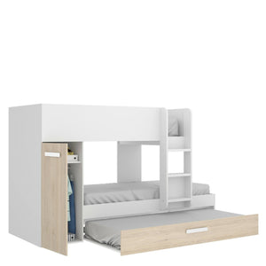 Letto per bambini Dcierv, Cameretta completa con armadio e cassetto, Composizione letto a castello con due lettini singoli, 244x112h150 cm, Rovere e Bianco