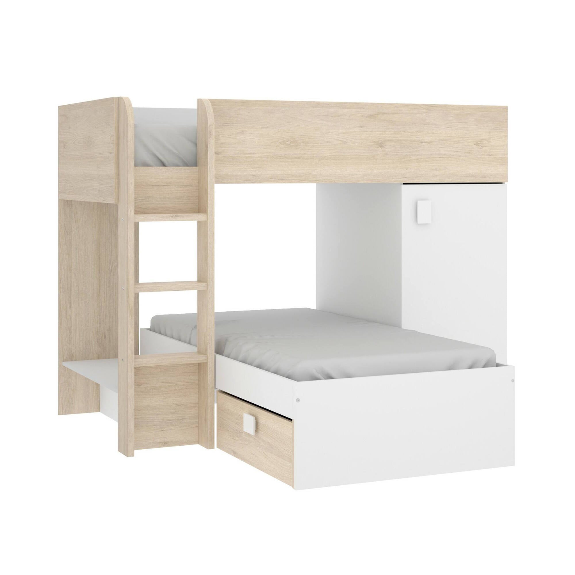 Letto per bambini Dguerci, Cameretta completa con armadio e cassetti, Composizione letto a castello con due lettini singoli, 255x112h150 cm, Bianco e Rovere