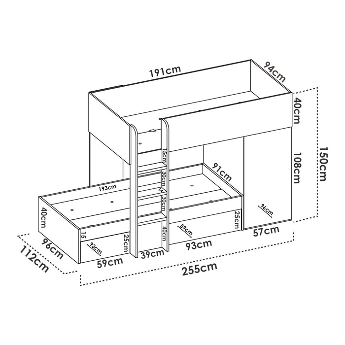 Letto per bambini Dguerci, Cameretta completa con armadio e cassetti, Composizione letto a castello con due lettini singoli, 255x112h150 cm, Bianco e Rovere