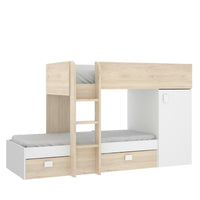 Letto per bambini Dguerci, Cameretta completa con armadio e cassetti, Composizione letto a castello con due lettini singoli, 255x112h150 cm, Bianco e Rovere