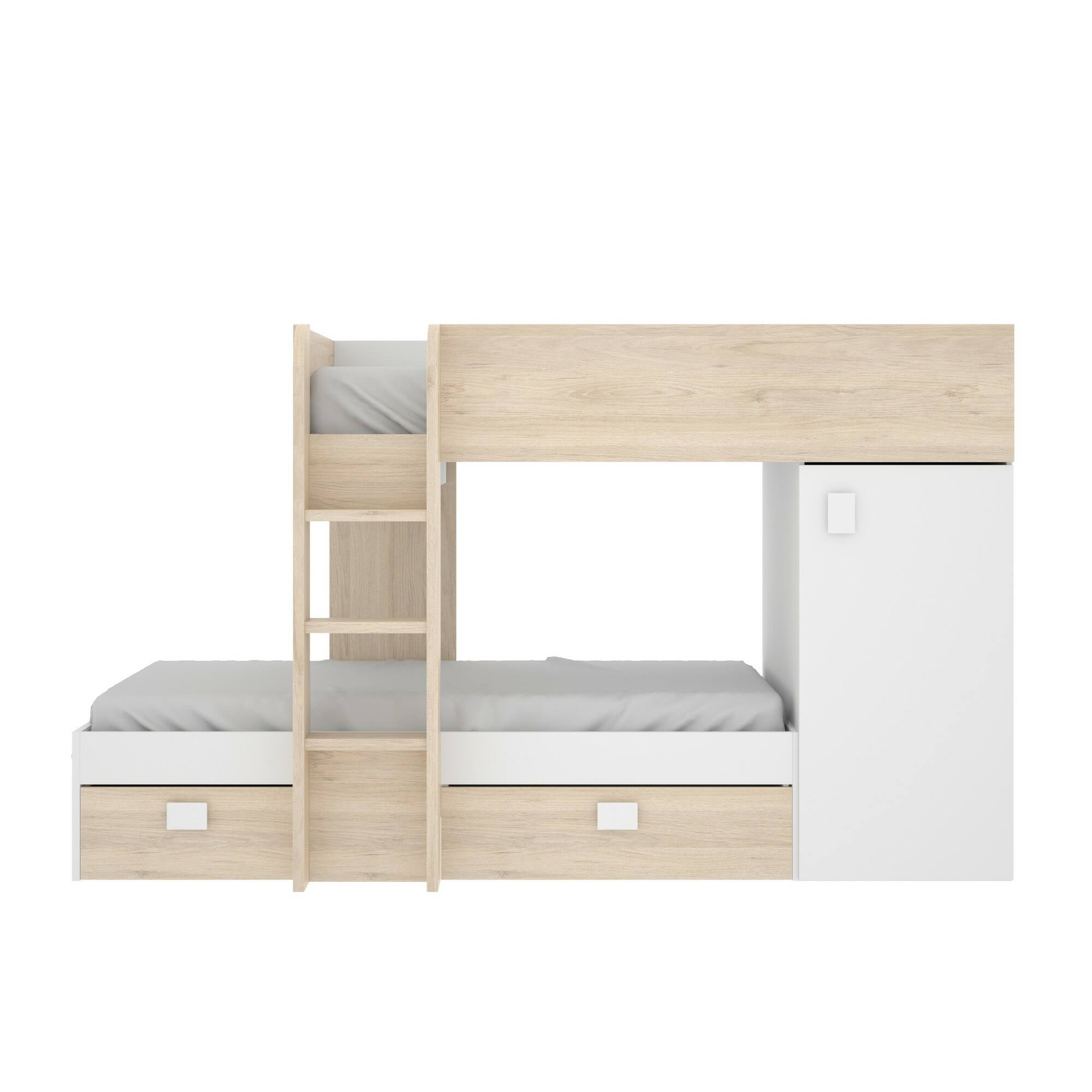 Letto per bambini Dguerci, Cameretta completa con armadio e cassetti, Composizione letto a castello con due lettini singoli, 255x112h150 cm, Bianco e Rovere