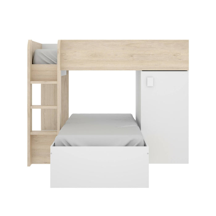 Letto per bambini Dguerci, Cameretta completa con armadio e cassetti, Composizione letto a castello con due lettini singoli, 255x112h150 cm, Bianco e Rovere