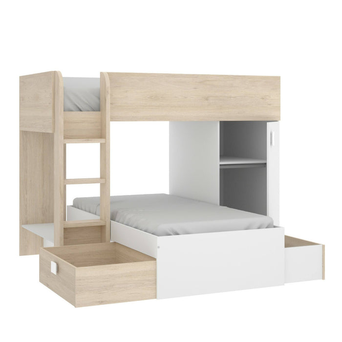 Letto per bambini Dguerci, Cameretta completa con armadio e cassetti, Composizione letto a castello con due lettini singoli, 255x112h150 cm, Bianco e Rovere