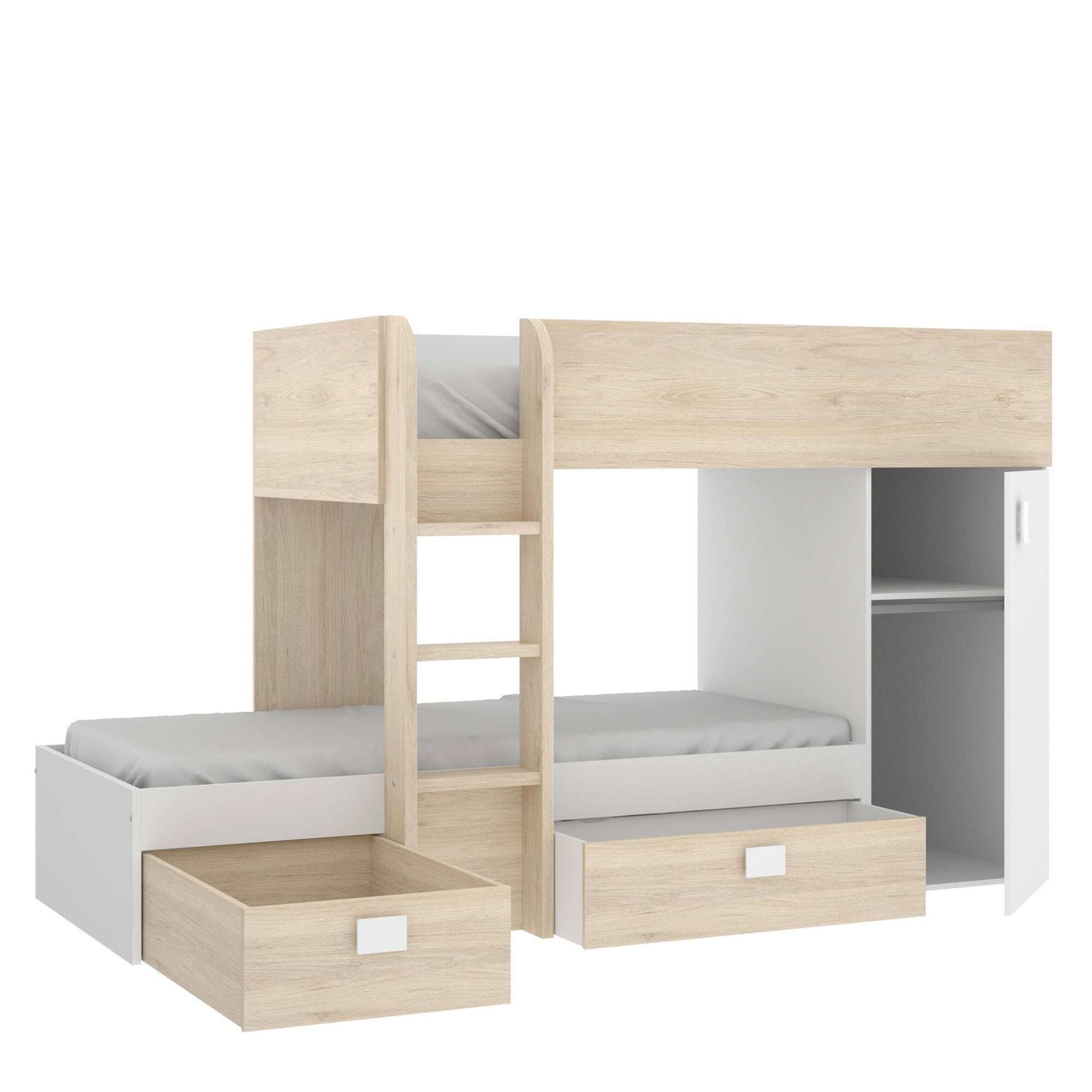 Letto per bambini Dguerci, Cameretta completa con armadio e cassetti, Composizione letto a castello con due lettini singoli, 255x112h150 cm, Bianco e Rovere