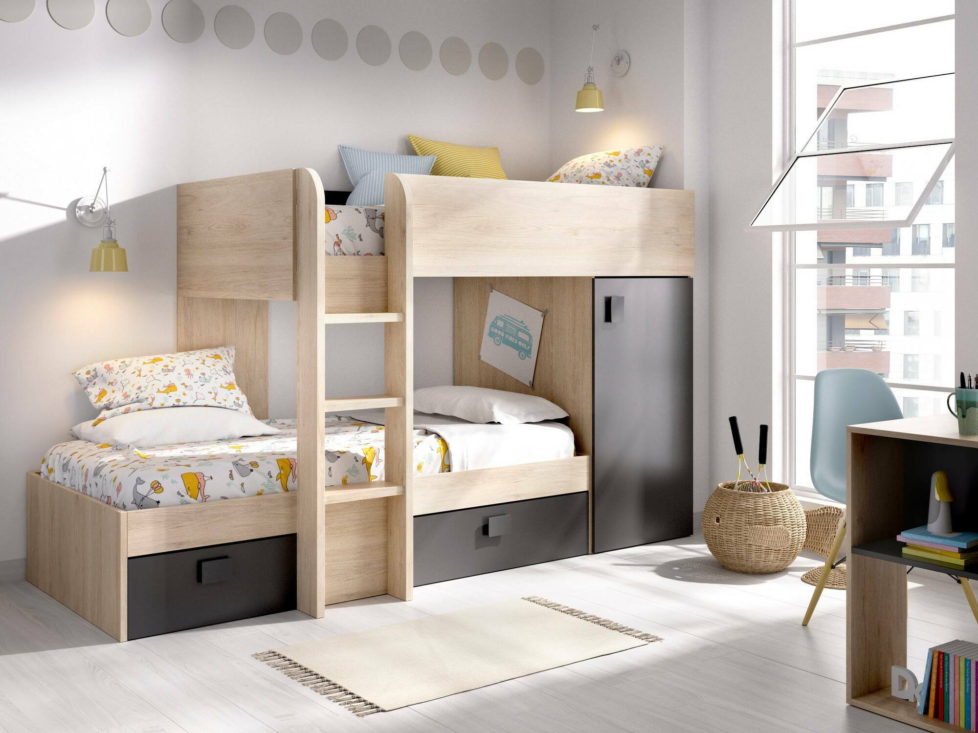 Letto per bambini Dguerci, Cameretta completa con armadio e cassetti, Composizione letto a castello con due lettini singoli, 255x112h150 cm, Rovere e Antracite