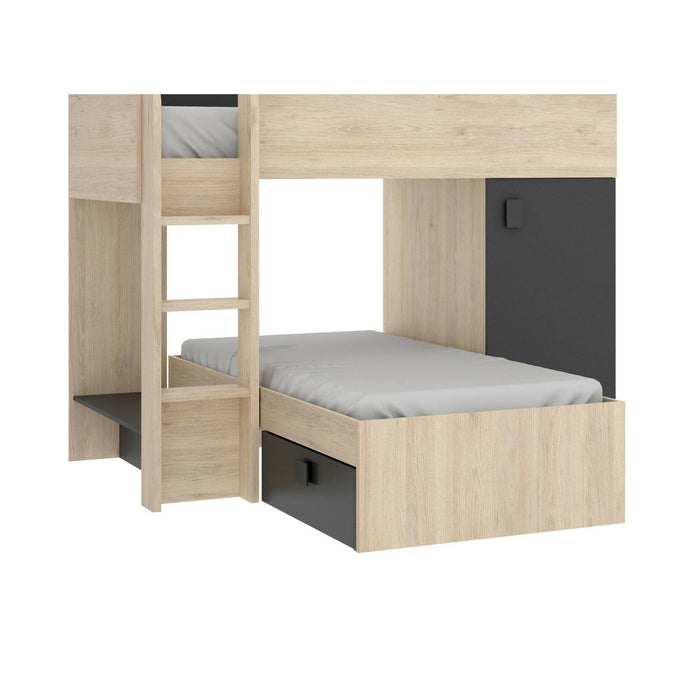 Letto per bambini Dguerci, Cameretta completa con armadio e cassetti, Composizione letto a castello con due lettini singoli, 255x112h150 cm, Rovere e Antracite